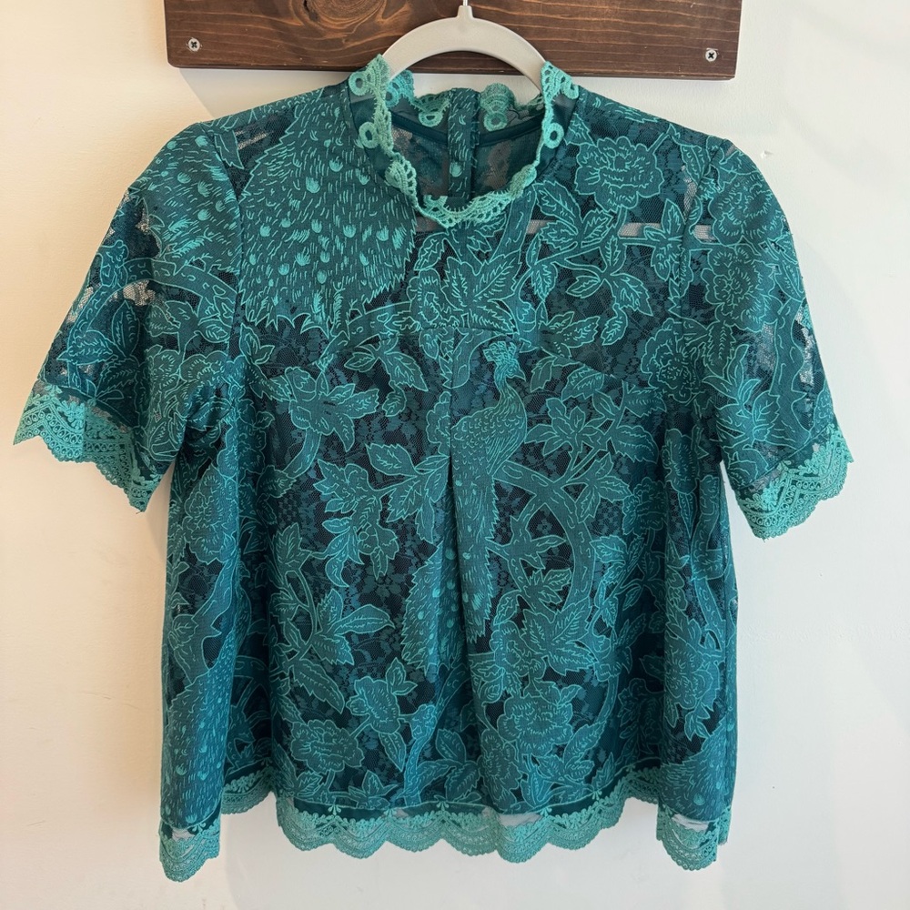 Anthropologie HD in Paris Meadows Teal Lace Peacock Blouse Size 4‎